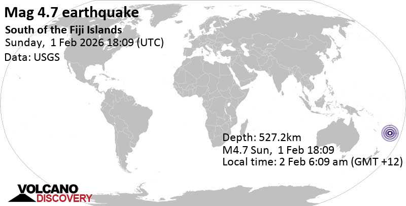 4.7 quake South Pacific Ocean, Fiji, Feb 2, 2026 06:09 am (GMT +12)
