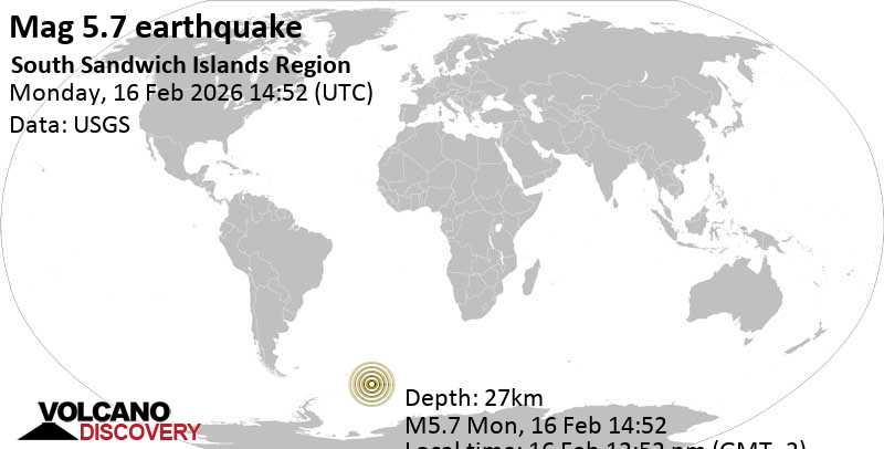 5.7 quake South Atlantic Ocean, 83 km northeast of Montagu Island, South Georgia and the South Sandwich Islands, Feb 16, 2026 12:52 pm (GMT -2)