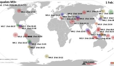 Worldwide earthquakes above magnitude 3 during the past 24 hours on  2 Feb 2026