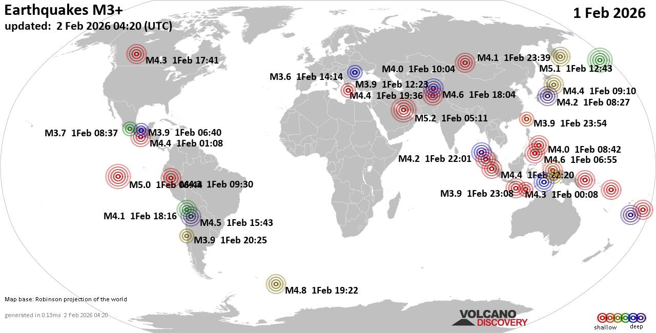 Worldwide earthquakes above magnitude 3 during the past 24 hours on 2 Feb 2026