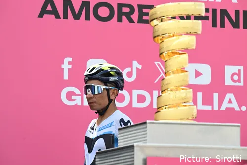 Nairo Quintana walks past the Giro d'Italia trophy