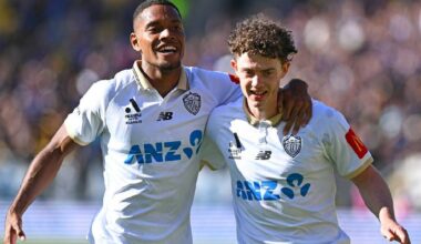 Jesse Randall (r) celebrates one of his two goals with Daniel Hall for Auckland against Wellington. (Kerry Marshall/AAP PHOTOS)