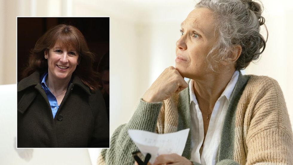 Rachel Reeves and pensioner looking worried