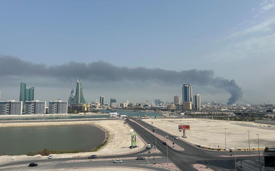 Smoke rose over Manama, Bahrain, on Feb. 28, 2026. The headquarters of the US Navy’s 5th Fleet in Bahrain was targeted in a missile attack.