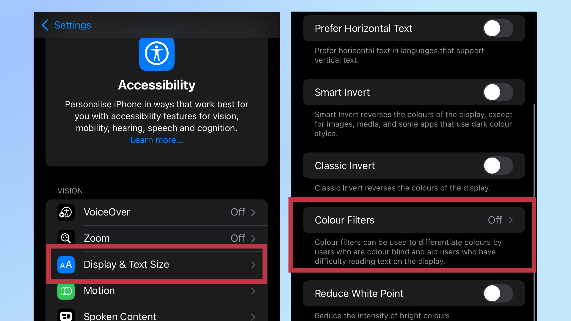 Two screenshots of the interface of an iPhone. On the left, the Accessibility menu with a red rectangle around the Display &amp; Text size. On the right, the Display &amp; text size menu with a red rectangle around the Color filters option