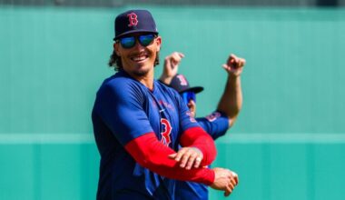 Boston Red Sox left fielder Jarren Duran (16) warming up before fielding drills. Day 7 of Boston Red Sox Spring Training at Jet Blue Park in Fort Myers, FL.