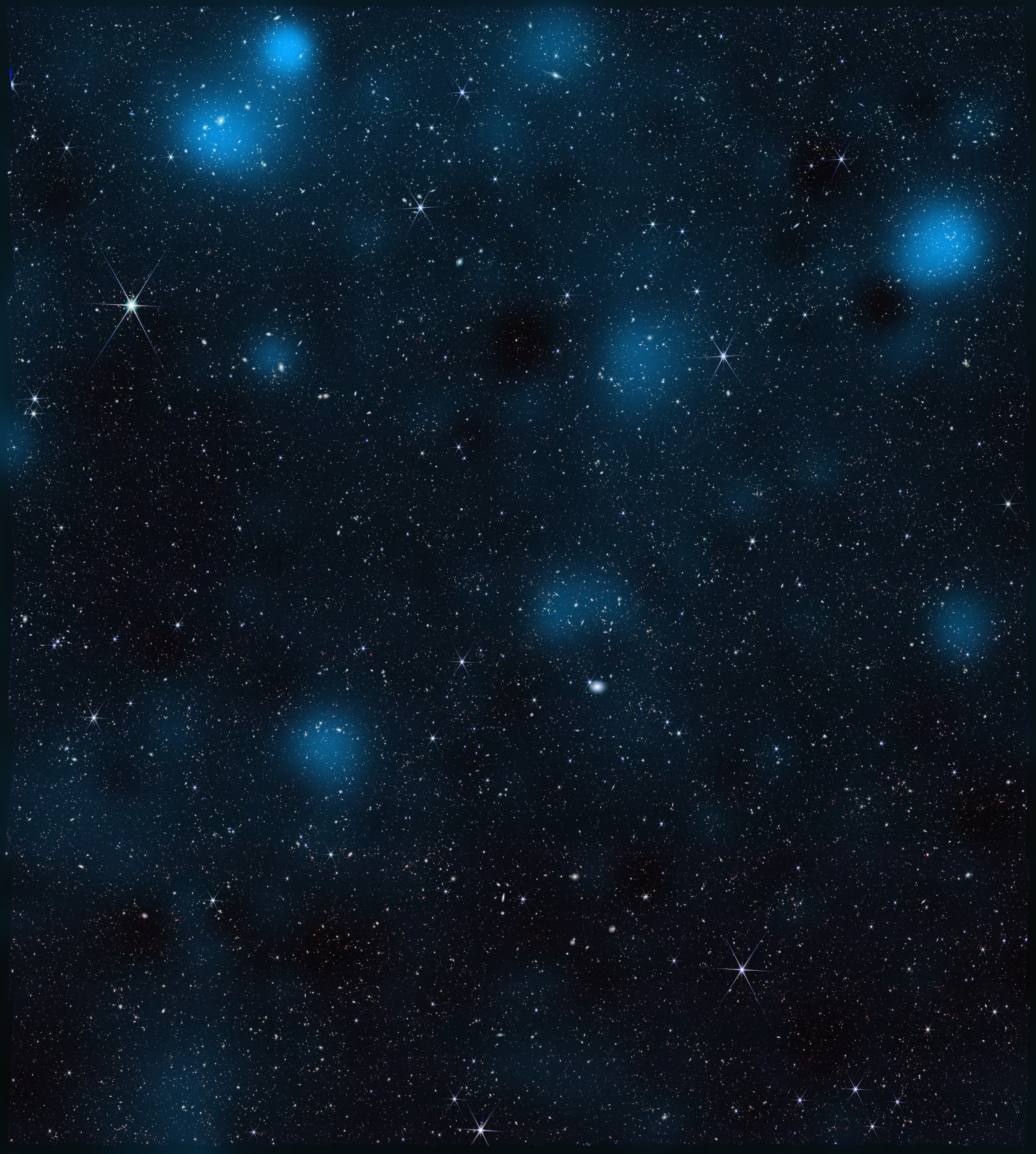 The JWST's view of 800,000 galaxies with the blue indicating dark matter concentrations. The more intense the blue, the denser the dark matter