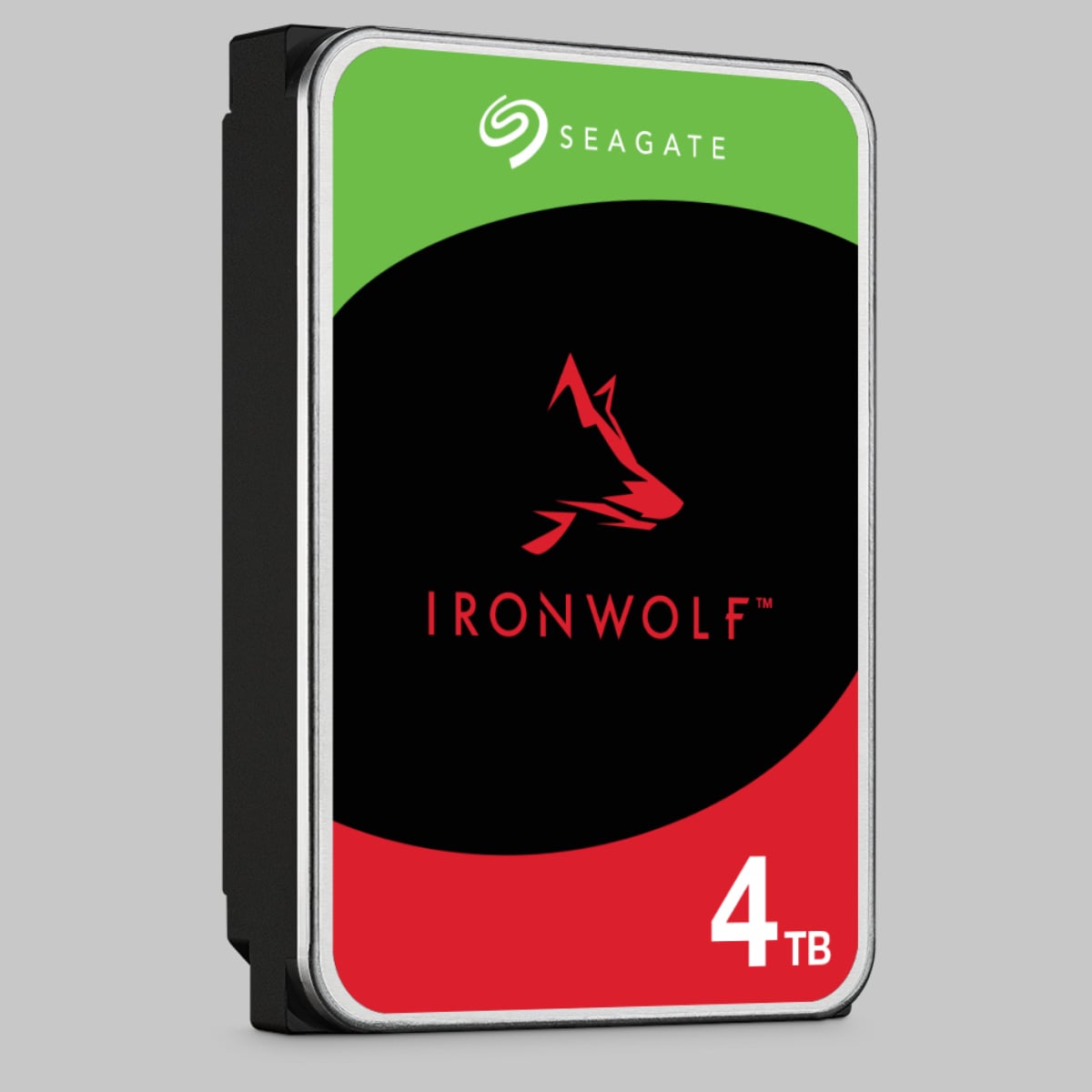 Seagate IronWolf 4TB hard drive against a grey background.