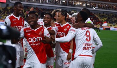 Adingra celebrates in front of the cameras and with his teammates after scoring Monaco second goal in a 2-0 win over Angers