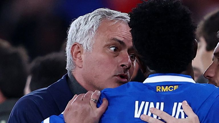 Mourinho, a former manager of Madrid, talks to Vinicius. Pic: Reuters