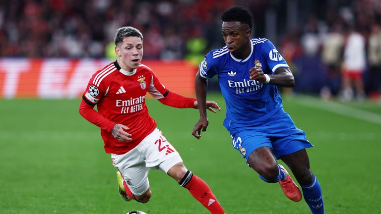 Prestianni tracks the Madrid forward during the game. Pic: Reuters