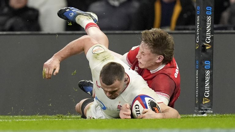 Ben Earl scores England's third try in the first half against Wales