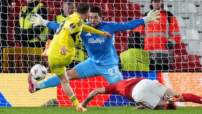 Fenerbahce's Kerem Akturkoglu scores against Nottingham Forest