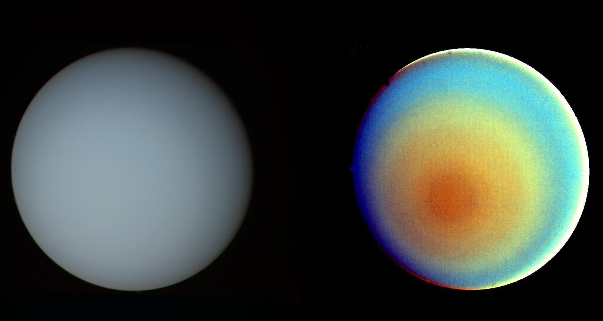 Two side by side images of the planet Uranus. The one on the left is a pale blue sphere while the one on the right has concentric circles of orange, yellow and green and dark blue to show the various layers of its atmosphere. Both are against a black background