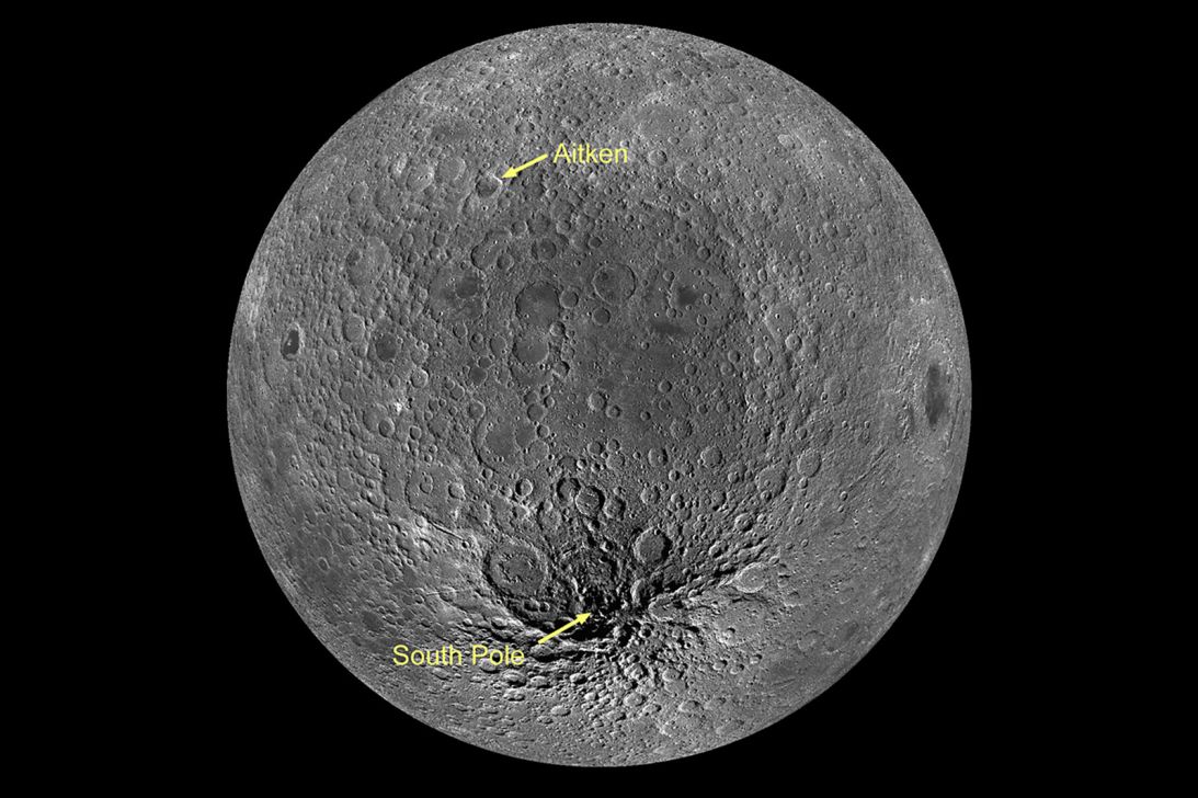 The moon's largest impact feature, the South Pole–Aitken basin, stretches from Aitken crater to the south pole.