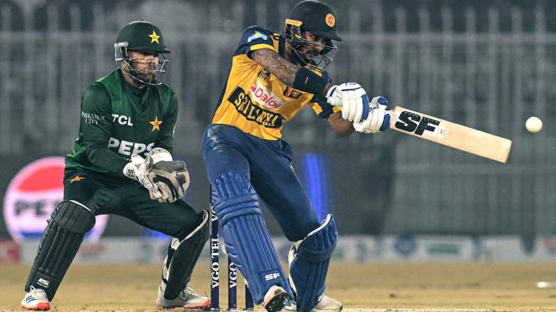 Sri Lanka bats in a cricket match against Pakistan.