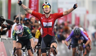 ABU DHABI, UNITED ARAB EMIRATES - FEBRUARY 07: Lorena Wiebes of Netherlands and Team SD Worx - Protime - Red Leader Jersey celebrates at finish line as stage winner ahead of Lara Gillespie of Ireland and Team UAE ADQ - Green Points Jersey during the 4th UAE Tour Women 2026, Stage 3 a 145km stage from Abu Dhabi TeamLab Phenomena to Abu Dhabi Breakwater on February 07, 2026 in Abu Dhabi, United Arab Emirates. (Photo by Tim de Waele/Getty Images)