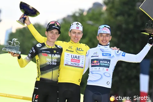 Jonas Vingegaard, Tadej Pogacar and Florian Lipowitz at the 2025 Tour de France final Podium at Paris