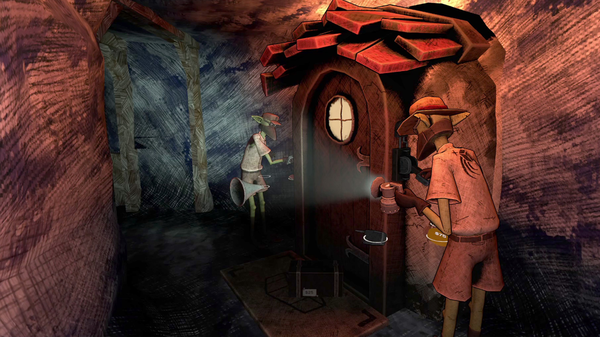 An official screenshot of Deadly Delivery VR showing players making a delivery to a door