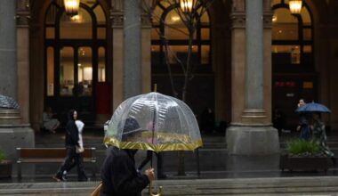 A person walking with a clear umbrella on a city street