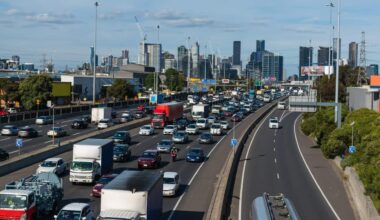 Outbound traffic backing up on Melbourne's west gate freeway at peak hour.