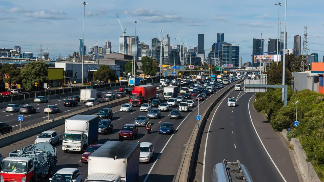 Outbound traffic backing up on Melbourne's west gate freeway at peak hour.