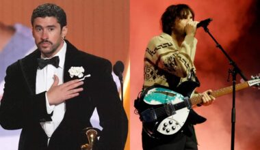 A composite image of Bad Bunny in a tuxedo, holding a trophy with his hand to his heart, and Kevin Parker playing guitar onstage.