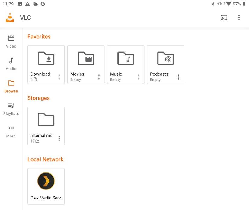 VLC for Android showing the Plex DLNA server as available.