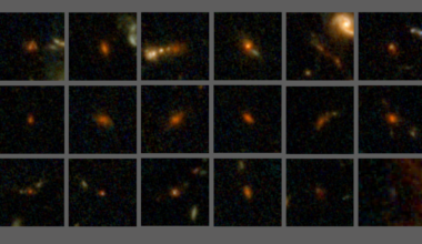 A grid showing 18 dusty galaxies that look like reddish splotches and golden splotches.