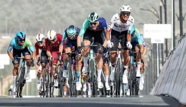 UAE Team Emirates's Mexican rider Isaac Del Toro Romero leads the pack while approaching the finish line during the first stage of the UAE Tour cycling event from Madinat Zayed Majlis to Liwa Palace in Abu Dhabi on February 16, 2026. (Photo by Fadel SENNA / AFP)