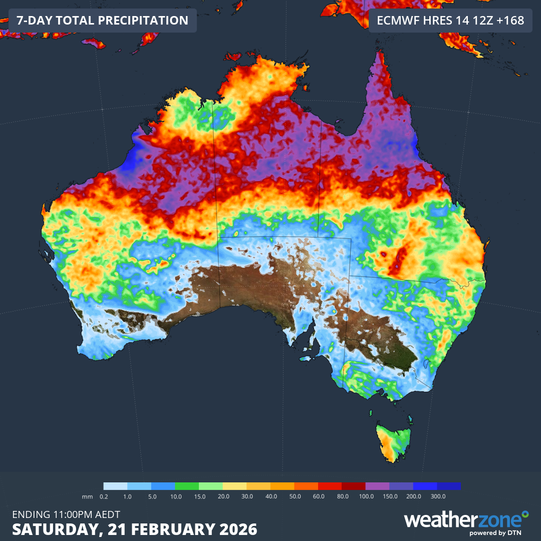Forecast accumulated rain during the seven days ending at 11:00 pm AEDT on Saturday, February 21, 2026. Source: Weatherzone.