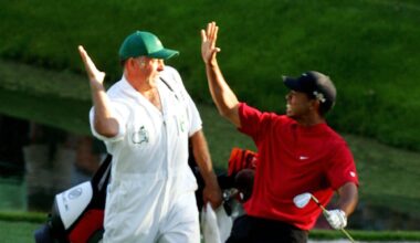 Tiger Woods after chipping in at the 2005 Masters