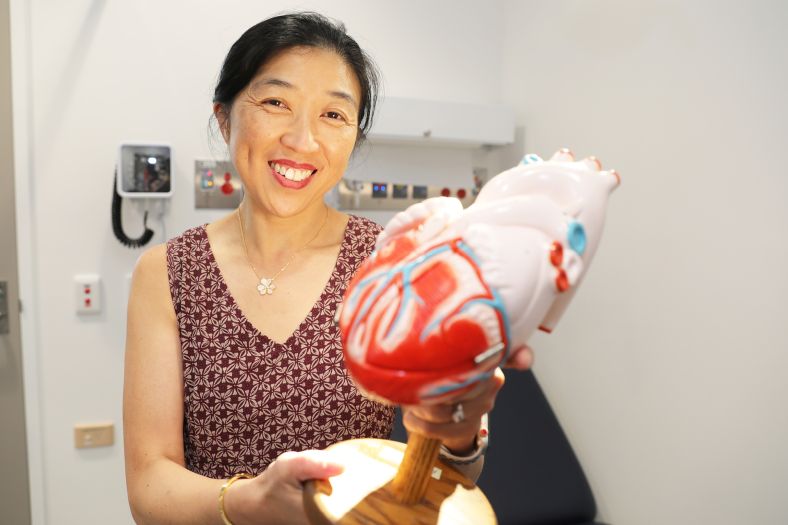 Female cardiologist holding large 3D model of human heart