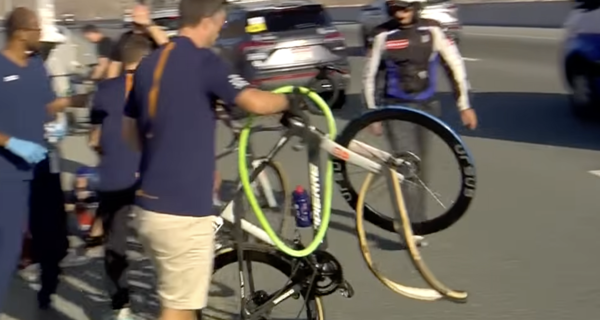 Fabio Jakobsen's tyre and insert blown clean off his 'mini-hook' rims in UAE Tour crash