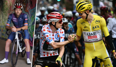 Team Visma - Lease a bike team's Danish rider Jonas Vingegaard wearing the best climber's polka dot (dotted) jersey shakes hands with UAE Team Emirates - XRG team's Slovenian rider Tadej Pogacar wearing the overall leader's yellow jersey await the start of the 21st and final stage of the 112th edition of the Tour de France cycling race, 132.3 km between Mantes-la-Ville and Paris Champs-Elysees Avenue, on July 27, 2025. (Photo by Marco BERTORELLO / AFP) (Photo by MARCO BERTORELLO/AFP via Getty Images)
