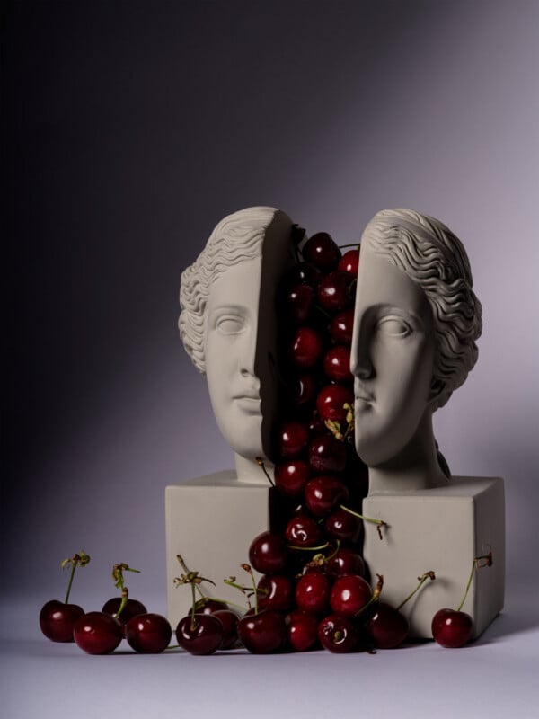 A classical-style white statue head is split in half, with ripe cherries spilling out from the center and scattered around the base. The scene is artistically lit with dramatic shadows.
