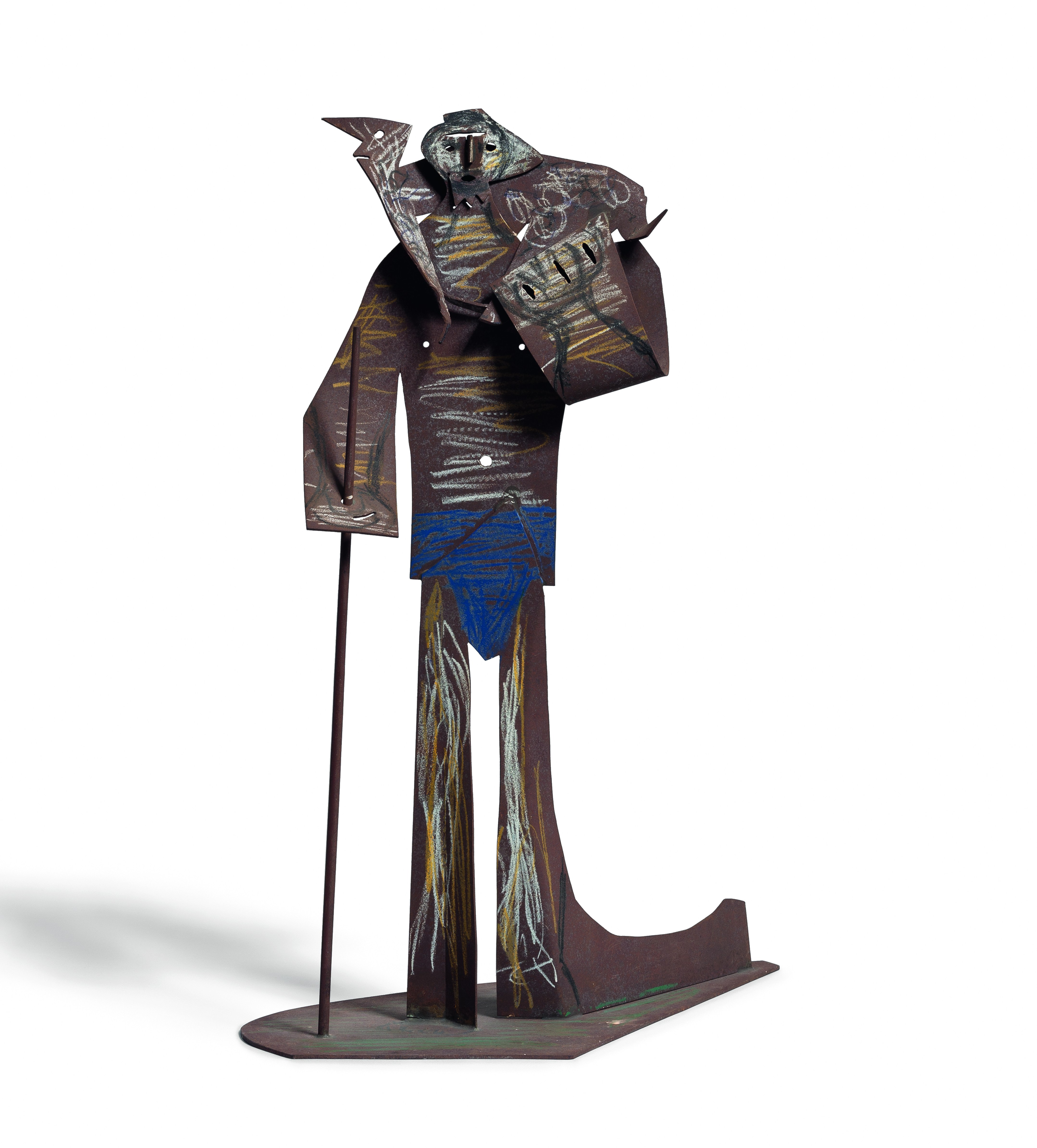 Pablo Picasso's "The Man with a Lamb", cut and folded sheet metal sculpture with hand-colored additions.