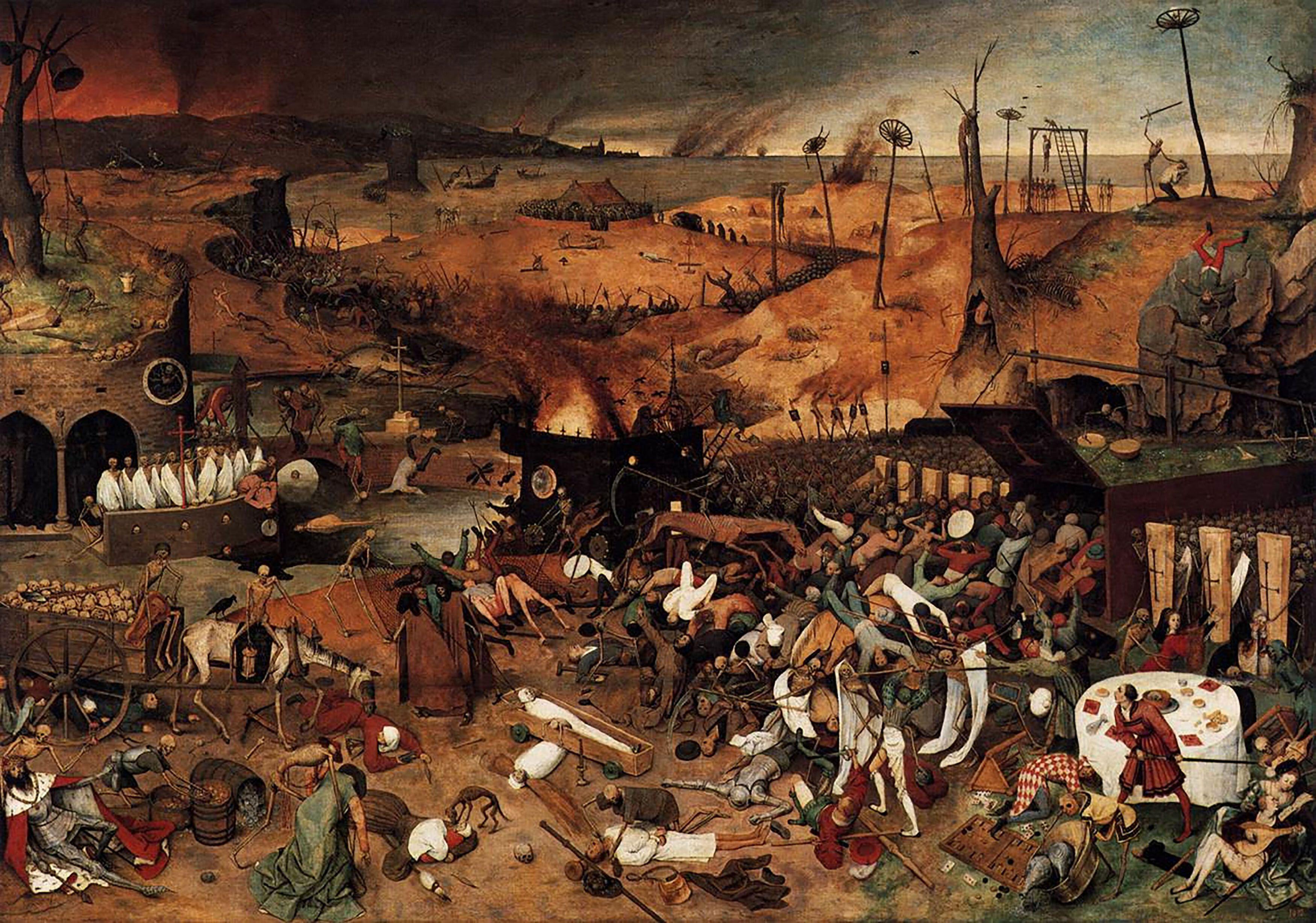 Illustration of skeletons of death mowing down the living, an apocalyptic vision with withered trees, fires, and hellish landscapes.