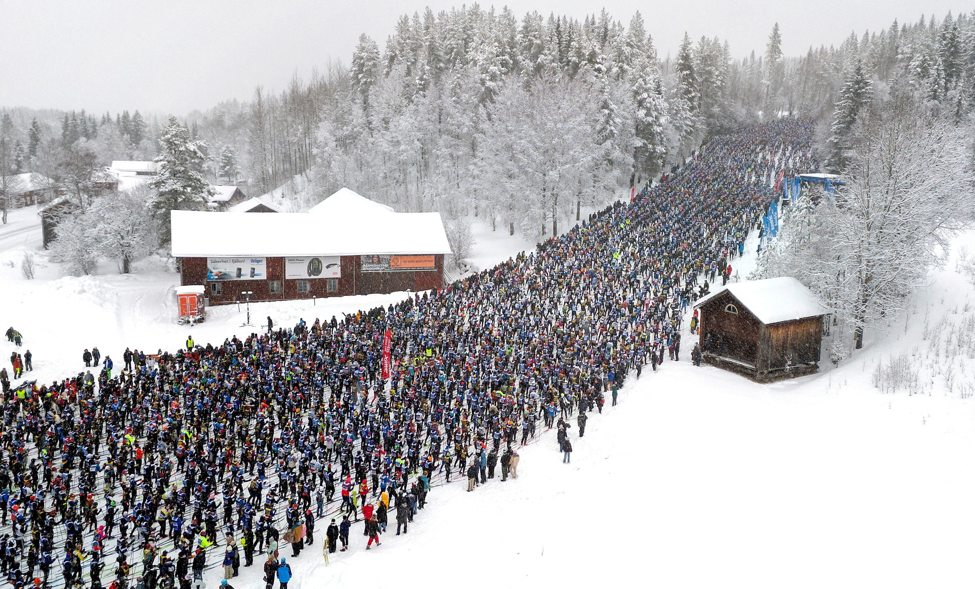 Thousands of cross-country skiers lined up at the start of the Vasaloppet race in Salen, Sweden.