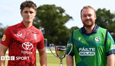 Captains Jacob Bethell and Paul Stirling stand with the trophy before England's T20 series with Ireland in September 2025