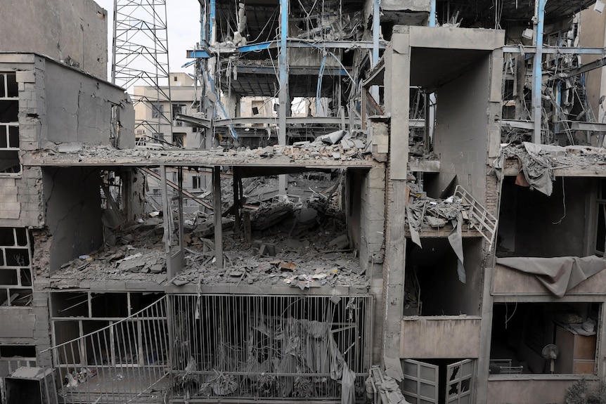 A view of a building that was damaged by an air strike in tehran