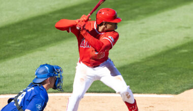 Feb 21, 2026; Tempe, Arizona, USA; Los Angeles Angels infielder Christian Moore against the Los Angeles Dodgers during a spring training game at Tempe Diablo Stadium. Mandatory Credit: Mark J. Rebilas-Imagn Images