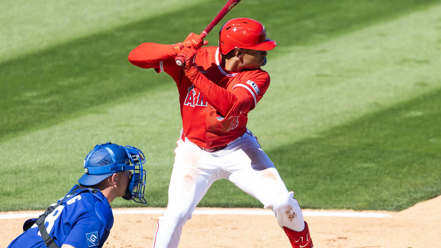 Feb 21, 2026; Tempe, Arizona, USA; Los Angeles Angels infielder Christian Moore against the Los Angeles Dodgers during a spring training game at Tempe Diablo Stadium. Mandatory Credit: Mark J. Rebilas-Imagn Images