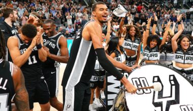 Mar 5, 2026; San Antonio, Texas, USA; San Antonio Spurs forward forward Victor Wembanyama (1) beats a drum and leads fans on a cheer after a victory over the Detroit Pistons at Frost Bank Center. Mandatory Credit: Scott Wachter-Imagn Images