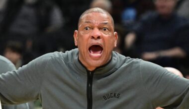 Dec 11, 2025; Milwaukee, Wisconsin, USA;  Milwaukee Bucks head coach Doc Rivers reacts in the third quarter against the Boston Celtics at Fiserv Forum. Mandatory Credit: Benny Sieu-Imagn Images