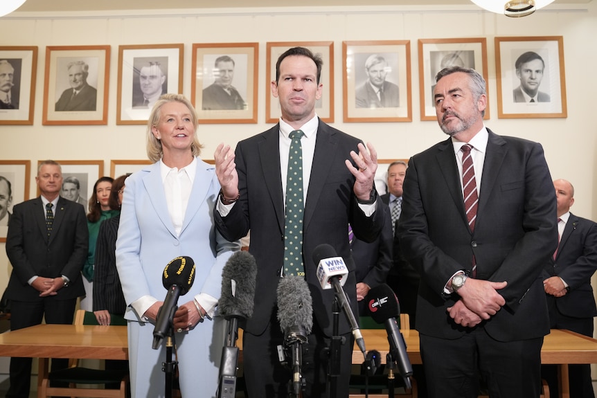 A dark-haired man in a suit gestures as he speaks in a room. He is flanked by a formally dressed woman and a man.