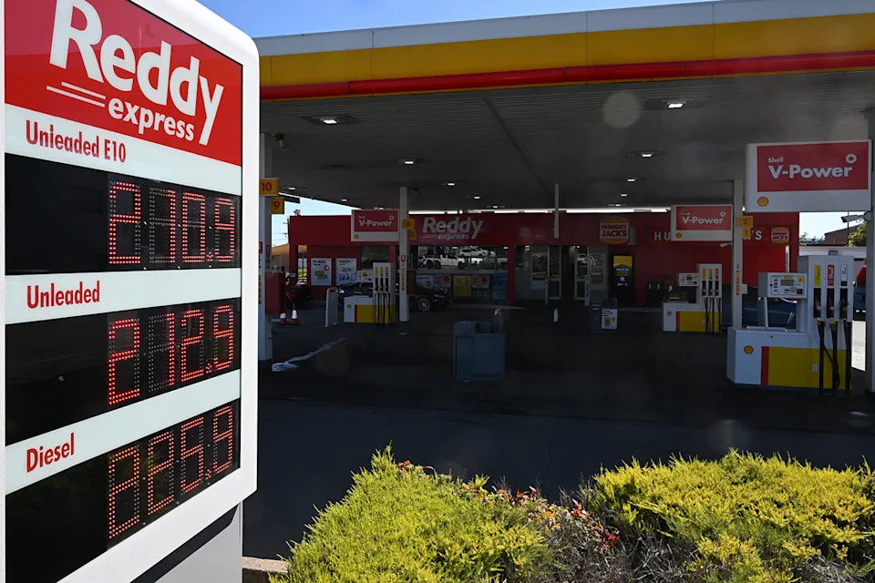 Fuel prices are displayed at a petrol station in Canberra, Tuesday, March 10, 2026. 