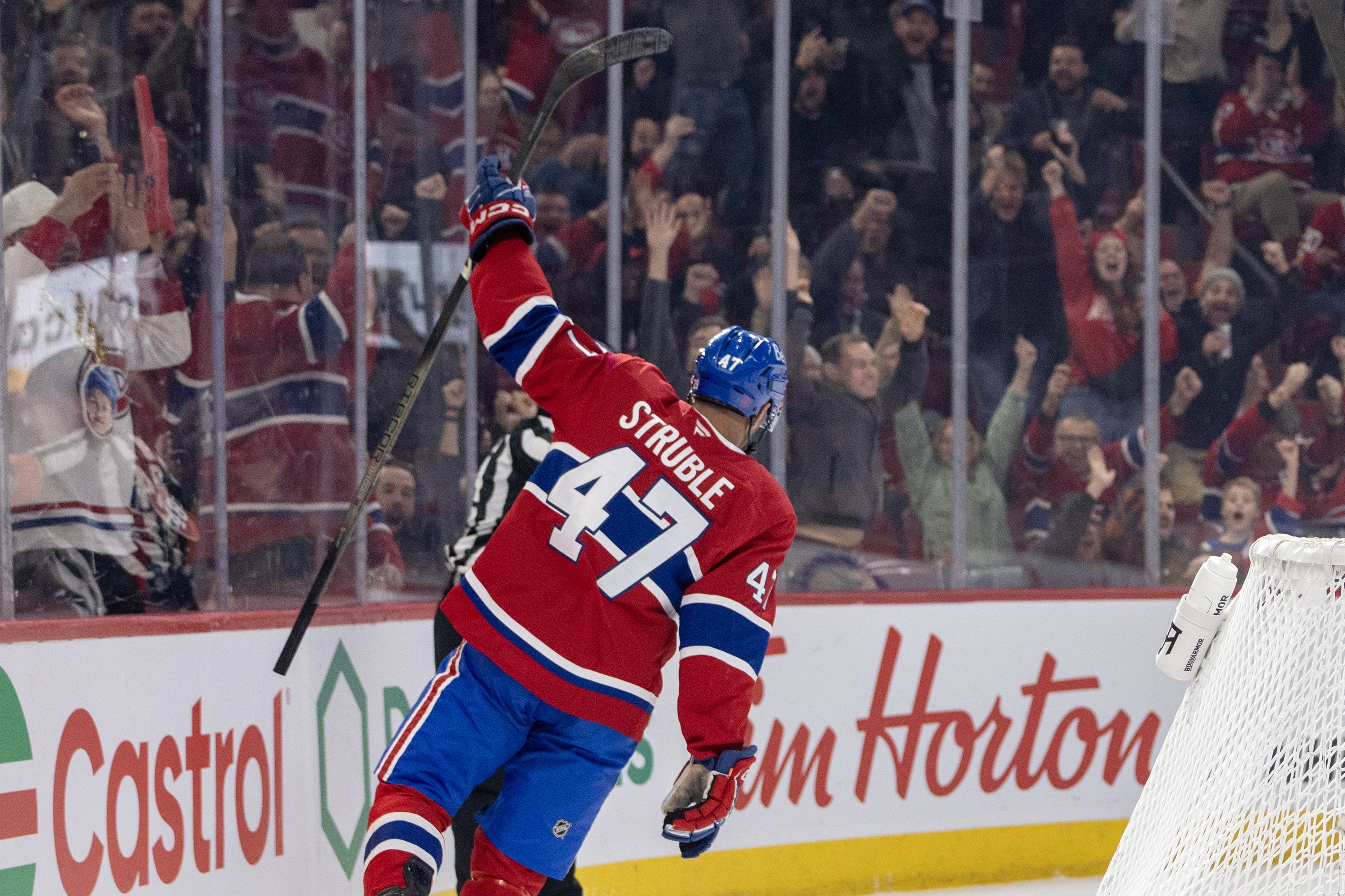 Canadiens' Jayden Struble celebrates after scoring his first goal of the season during a 2-1 win over the Columbus Blue Jackets in Montreal on March 26, 2026.