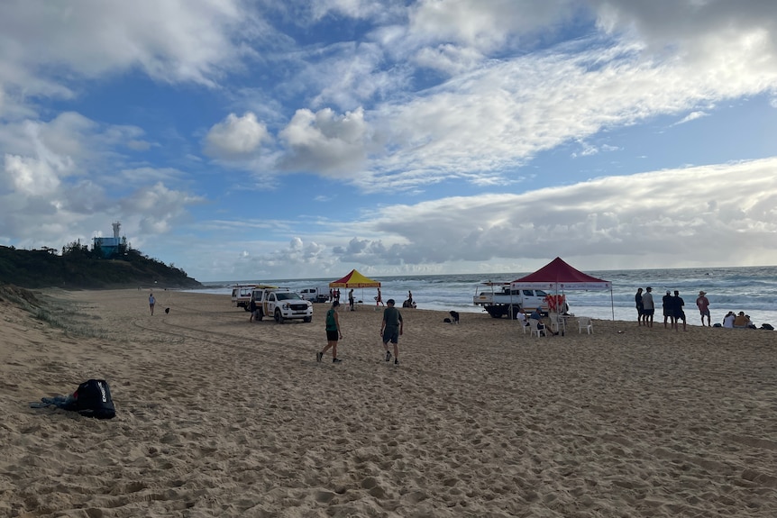 Small tents with people nearby on beach.