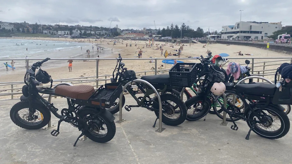A row of fatbikes propped up on the promenade with a beach and ocean in the background